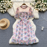 Prantsuse ažuursed marli&otilde;mblused Litritega tikandid Lilledega A-kujuline kleit Naistele Moodne O-kaelusega l&uuml;hikeste varrukatega peokleidid L roosa