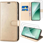 Coque + 2 Verres Tremp&eacute;s pour Xiaomi 15 Pro, Protection Antichoc Anti-Rayures Cuir Synth&eacute;tique - Dor&eacute;