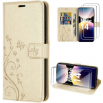 Coque et 2 Verres Tremp&eacute;s pour Xiaomi Redmi Note 14 Pro 5G (pas pour 4G) Protection Cuir PU Motif Fleur Papillon - Dor&eacute;