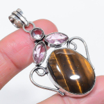 Natural Tiger Eye, Kunzite 925 Sterling Silver Jewelry Pendant 2.21 r5a08