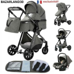 BAZARLAND30.Poussette 3 en 1 B&eacute;b&eacute; Combin&eacute;e Si&egrave;ge-Auto Nacelle Trio R&eacute;versible R&eacute;glable Haute Qualit&eacute; Roue increvable Canne.Dark grey hall