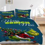 3-osaline Merry Grinchmas j&otilde;uluteemaline kodune voodipesukomplekt - P&uuml;hadekaunistus magamistuppa, k&uuml;lalistuppa, elutuppa, hotellidesse - T&auml;iuslik kingitus f&auml;nnidele 140x200cm white