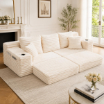 Sametine KompressioonSofa, K&otilde;rge Seljatugi, Lisapadjad, K&uuml;ljetaskud, Joogihoidjad, Kombineeritav Magamiskohana, Pehme Polsterdus, Beež 107.48 x 38.58 x 34.25 cm beež