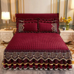 3tk/komplekt Crystal Velvet voodi seelik ja padjap&uuml;&uuml;r Kolmeosaline tepitud paks sametpitsline voodikate Talvine soe l&uuml;hike plush libisemiskindel voodikate 180*200cm