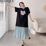 MODIQUE Suvine Suures suuruses uus kleit-s&auml;rk naiste lahtine &scaron;ifoonist lilleline puuvillane linane liistud kleit vabaaja naiste kleidid O-kaelusega l&uuml;hikeste varrukatega XL must