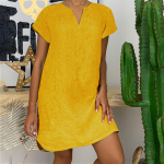 Moodne naiste avar V-kaelusega suvine soliidne l&uuml;hikeste varrukatega puuvillane ja linane kleit L armee roheline v&auml;rv