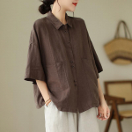 Naiste suvine puuvillane linane pluus Literary vaba &uuml;hev&auml;rviline polokrae 3/4 varrukatega s&auml;rk XL tumepruun v&auml;rv