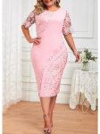 Suures suuruses suvine moekleit pitsist peokleit naiste massiivne &uuml;mara kaelusega l&uuml;hikeste varrukatega pliiatskleit Elegantne t&ouml;&ouml;kleit 4XL