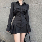Must s&auml;rkkleit Naiste Elegantne vintage pikkade varrukatega kleidid Seksikad gooti plisseeritud t&auml;navariided Uksemaks kraega vabaaja r&uuml;&uuml; S must