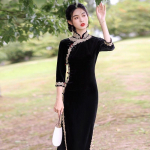 Must Hiina stiilis kuldne samet Cheongsam Retro igap&auml;evane kantav keskmiste pikkade varrukatega kleit M must
