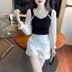 Sifonki Splice Knit S&uuml;gis uus moodne disain Sense Small French Square kaelusega Slim Fit pikkade varrukatega top S aprikoosi