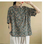 Suvine retropuuvillane linane pluus Lilletr&uuml;kiga l&uuml;hikeste varrukatega topp naiste pitsist lapitehnika Peter Pan krae n&ouml;&ouml;bid pluusid M roheline