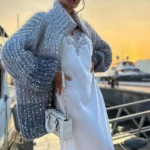 Naiste pidulik avar kampsun 2023. aasta s&uuml;gistalvine elegantne v&auml;ike aromaatne tuul, mugav litriga V-kaelusega pikkade varrukatega kampsun M taevasinine v&auml;rv