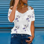 Moodsad naiste V-kaelusega pitsist T-s&auml;rk vabaaja l&uuml;hikeste varrukatega topid L kuum roosa v&auml;rv