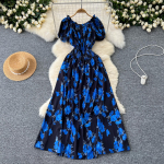 Retro avatud &otilde;laga kleit puhvvarrukatega tr&uuml;kipildiga rannapuhkus naiste korea mood suvine Vestidos kleidid One Size