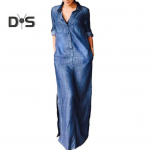 S&uuml;giskevadine naiste kleit, &uuml;hev&auml;rviline avar teksar&otilde;ivas, allapoole p&ouml;&ouml;ratud krae, pikkade varrukatega, pahkluu pikkusega, n&ouml;&ouml;biga poolitatud &auml;&auml;ris, suures suuruses Bohemian commute maxi kleit 2XL helesinine v&auml;rv