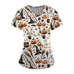 Suures suuruses tr&uuml;kitud Scrub t&ouml;&ouml;vormi topid Naistele V-kaelusega Halloweeni tr&uuml;kiga l&uuml;hikeste varrukatega l&otilde;busad T-s&auml;rgid taskutega t&ouml;&ouml;riiete T-s&auml;rk M pruun