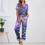 Naiste j&auml;&auml;siidist satiinist j&otilde;uluprintidega pidžaamakomplekt l&uuml;hikeste varrukatega s&auml;rgi ja pikkade pidžaamap&uuml;kste komplekt Pehmed koduriided XXL roheline