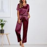 Naiste siidist &uuml;hev&auml;rviline pidžaamakomplekt l&uuml;hikeste varrukatega s&auml;rgi ja pikkade pidžaamap&uuml;kste komplekt, pehme pidžaama puhkeriided XXL veini