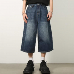 American Retro Distressed Denim l&uuml;hikesed p&uuml;ksid Mitmek&uuml;lgsed avara s&auml;&auml;rega sirge s&auml;&auml;rega k&auml;rbitud p&uuml;ksid L must