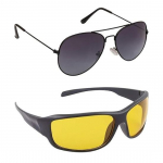 Dervin Aviator ja Wrap Around meeste ja naiste p&auml;ikeseprillide komplekt (Must, Kollane) - Pakis 2