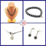 Pierres et Min&eacute;raux. Parure Bracelet Collier Boucles D'oreilles Puces 20 perles H&eacute;matite 8 Taille personnalisable.