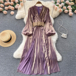 RUGOD Euroopa ja Ameerika kleidid Tipptasemel temperament V-kaelusega v&ouml;&ouml;koht &otilde;huke ja kerge k&uuml;pses stiilis suur kiiksuga pikk kleit naistele One Size lilla