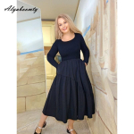 Elegantne Moekas S&uuml;gis Talv Naiste Midi Kleit Kudum Patchwork Volangidega Kleit Pikkade Varrukatega Naiselik A-l&otilde;ikeline Kleit One Size