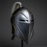 Keskaegne Barbuta kiiver ploomiga T&auml;iuslik renessansilaadale, Cosplay'le, LARP'ile, Halloweeni kost&uuml;&uuml;mile Autentne terasest soomuse koopia