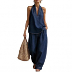 Yousheng HALTER DENIM komplekt naistele Varrukateta topp ja laia s&auml;&auml;rega p&uuml;ksid Lounge komplektid Suvine vabaaja kaheosaline komplekt koos S tumesinine v&auml;rv