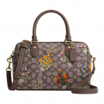 COACH Rowan 25 lillelise tikandiga Boston kott jacquard-kangast ja nahast k&auml;ekott keskmise suurusega naistele tammev&auml;rvi pruun