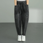 Paiga kujundus Pahkluuni ulatuvad Jogger teksad Vintage Korea K&otilde;rge elastne v&ouml;&ouml;koht Lahtised denim p&uuml;ksid Naised Streetwear Harem Vaquero S must