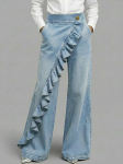 Naiste Keskmise K&otilde;rgusega Laiad P&uuml;ksid Rufflesi Kaunistusega Retro L&otilde;tkuga Denim P&uuml;ksid Vabaaja Igap&auml;evaseks Kandmiseks Jeans S must