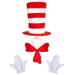 dr. Seuss-kass M&uuml;tsiga Kass Kost&uuml;&uuml;mikomplekt &ndash; Punavalge triibuline sametk&uuml;bar, kiksim&uuml;ts, kindad Halloweeni Cosplay peo rollikost&uuml;&uuml;mi jaoks red