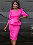 ONTINVA Fuksia kleidid naistele V kaelusega puhvis poolvarrukatega Empire Peplum Ruffles Midi kontorit&ouml;&ouml; &otilde;htuse peo komplektid 3XL 4XL 4XL Heleroosa