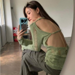 Y2K vintage roheline &otilde;&otilde;nsaga silmkoeline kampsun Naiste Harajuku Seksikas &otilde;huke seljata pullover Mood vabaaja &otilde;hukesed džemprid M roheline