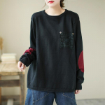 Johnature Naiste Vintage Pullover-kampsunid Patchwork pikkade varrukatega O-kaelusega kootud puuvillased s&uuml;gise lahtised naiste kampsunid One Size must