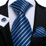Meeste siidist lipsukomplekt Sinine Paisley Triibuline Solid Pocket Square Mansetin&ouml;&ouml;bid N-0337