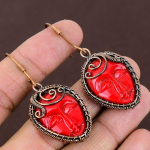 Natural Red Cameo Face Gemstone Handmade Copper Wire Wrap Earring 2.28 p7z54