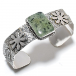 Natural Prehnite Gemstone 925 Sterling Silver Cuff Bangle Adjustable b8w13