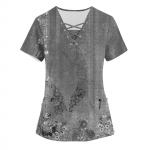 Suures suuruses tr&uuml;kitud Scrub t&ouml;&ouml;vormi topid naistele V-kaelusega Foral Print l&uuml;hikeste varrukatega L&otilde;busad T-s&auml;rgid Taskutega t&ouml;&ouml;riiete T-s&auml;rk L beež