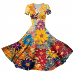 Naiste printsesskleit Seksikas V-kaelusega mustriga v&ouml;&ouml;koht, plisseeritud l&uuml;hikeste varrukatega kleit L sinine