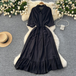 Seksikas &scaron;ikk polo-kaelusega &uuml;herealine volangkleit Elegantne korea moe &otilde;huke suvised vintage magusad kleidid One Size roheline
