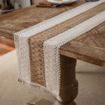 Lauajooksjad Naturaalsed kottliistud puuvillased Boho tuttidega lauajooksjad Boheemlasliku maal&auml;hedase kodu s&ouml;&ouml;gilaua pulmalaua kaunistamiseks 30X50cm valge