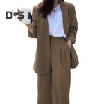 2 tk/komplekt Lady pidulik mantlip&uuml;kste komplekt pikkade varrukatega avatud &otilde;mblemisega kardigan keskmise pikkusega jope lahtine sirge laia s&auml;&auml;rega k&otilde;rge v&ouml;&ouml;kohaga p&uuml;ksid ametlikud &auml;ri XXL khaki