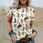 Summer Women T-Shirts Short Sleeved West Cowboy Horse Print Tops 2024 Fashion Blouse For Women Oversized Vintage Female Clothing S