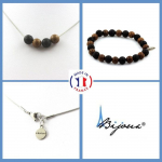 Pierres et Min&eacute;raux. Parure Bracelet Collier 4 Perles Lave + bois 8 mm. Chaine en acier Taille personnalisable.