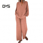 Naiste lahtine kaheosaline riietus pikkade varrukatega V-kaelusega laiade jalgadega p&uuml;ksid taskutega vabaaja koduriietus dressip&uuml;ksid S oranž