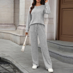 Naiste moekas ja mugav &uuml;mara kaelusega kootud pikkade varrukatega harjatud p&uuml;kste puhke&uuml;likond XXL hall