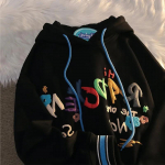 Naiste kapuutsiga sviiter, v&auml;rviliste kirjadega, pikkade varrukatega spordikampsun L must